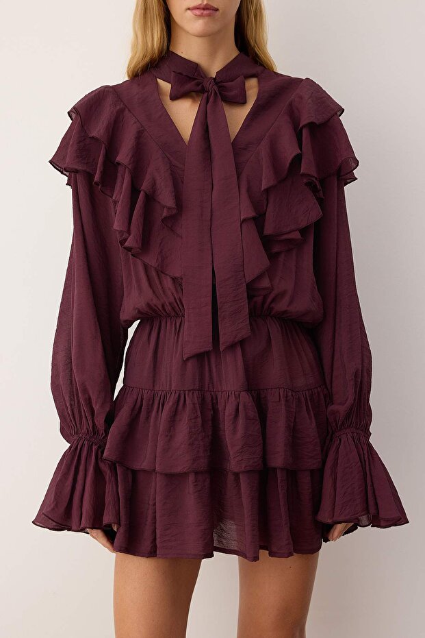Bordo Fırfır Detaylı Boho Kısa / Mini Dokuma Elbise TWOAW26EL00309 - 3