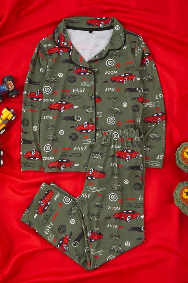 Haki Yumuşak Dokulu Erkek Çocuk Baskılı Örme Pijama Takım TKDAW25AU00110 - 2