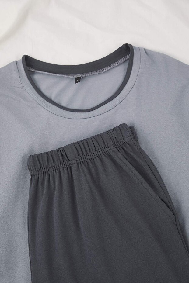 Gri Regular Kesim Yaka Detaylı Cepli Örme Pijama Takımı TMNAW26PT00011 - 4