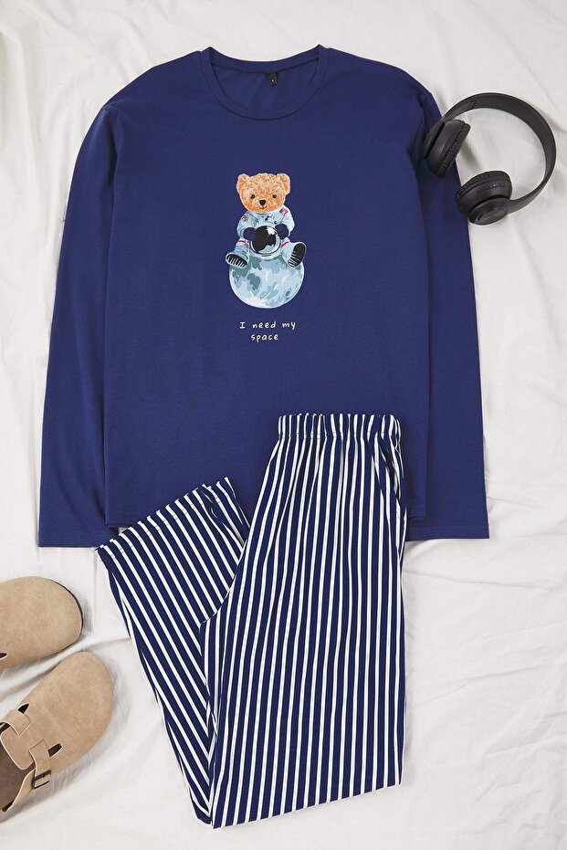 Indigo Regular Pamuklu Uzun Kollu Üst Ayıcık Baskılı Alt Çizgili Pijama Takımı TMNAW26PT00013 - 1