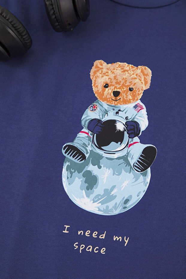 Indigo Regular Pamuklu Uzun Kollu Üst Ayıcık Baskılı Alt Çizgili Pijama Takımı TMNAW26PT00013 - 3