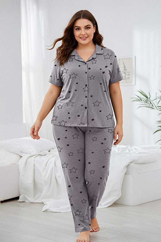 Šedá Melange Star Print Košilový límec Pletené pyžamo Set Tbbaw25Ai00039 - 1