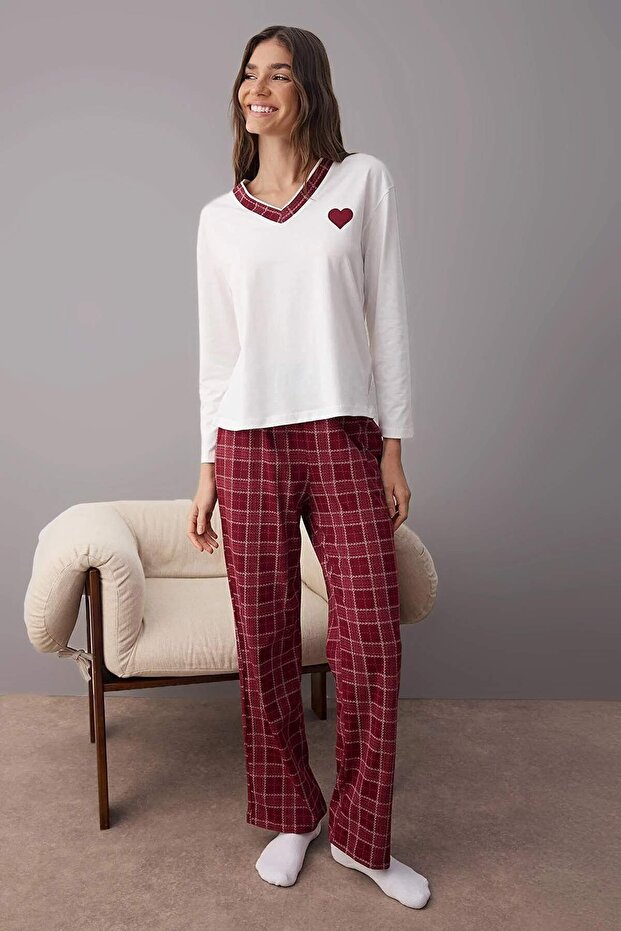 Burgundy 100% Cotton Heart Plaid Knitted Pajamas Set Thmaw26Pt00063 - 1