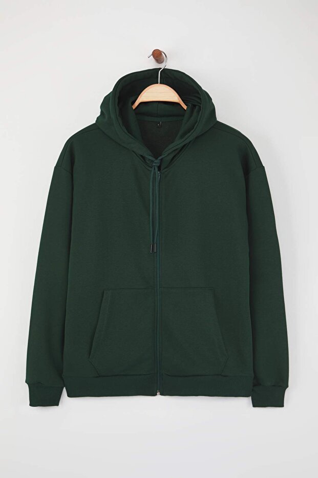Koyu Yeşil Oversize/Geniş Kesim Fermuarlı Basic Şardonsuz Sweatshirt-Hırka TMNAW22SW0620 - 6