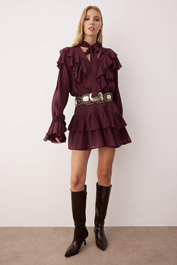 Bordo Fırfır Detaylı Boho Kısa / Mini Dokuma Elbise TWOAW26EL00309 - 1