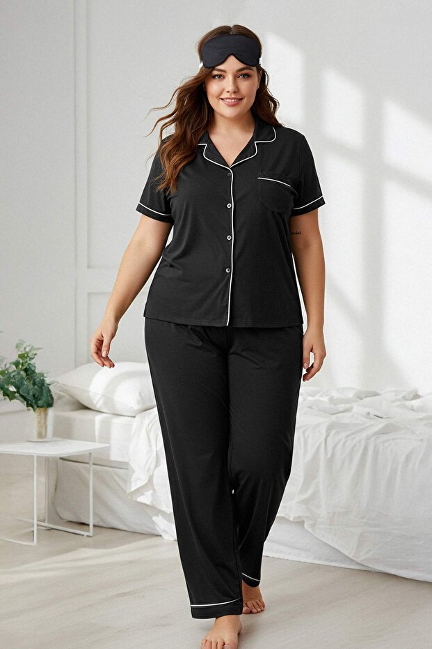Black Piping Detailed Shirt Collar Knitted Pajama Set Tbbaw24Ai00040