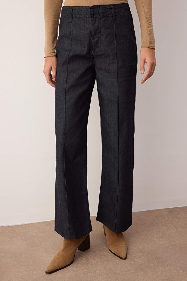 Koyu Mavi Nervür Detaylı Yüksek Bel Comfort/Esnek Wide Leg Jeans TWOAW26JE00140 - 3