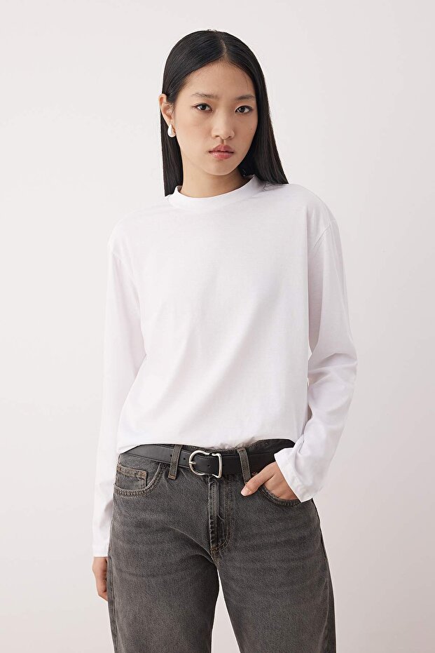 Siyah-Beyaz 2'li Paket %100 Pamuk Regular Kalıp Uzun Kollu Dik Yaka Örme T-Shirt TWOAW26TS00006 - 5