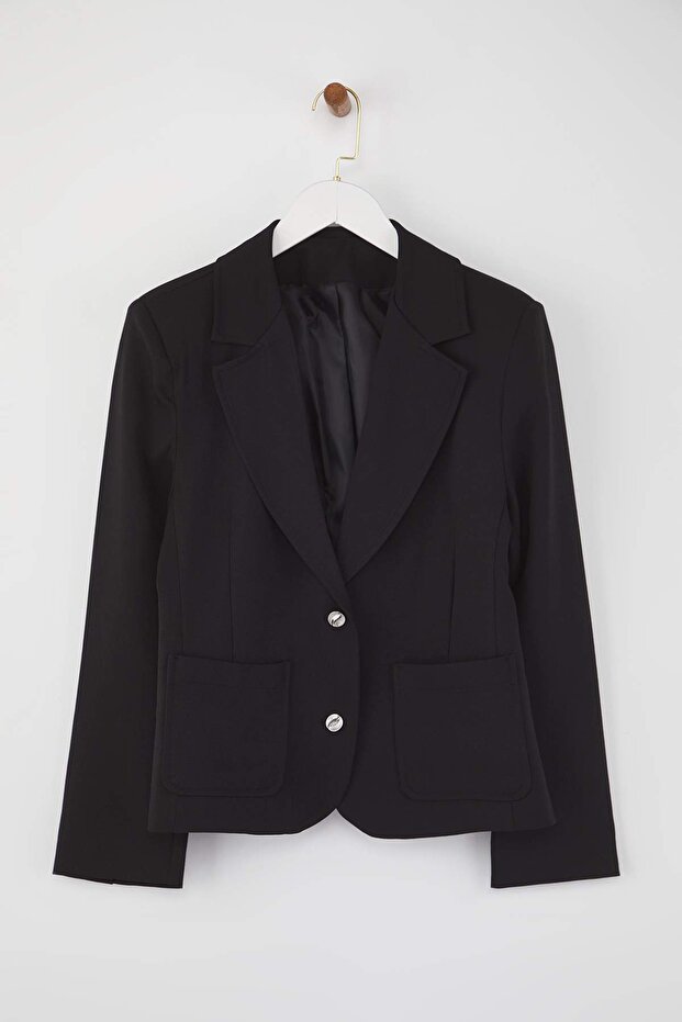 Siyah Aksesuar Düğmeli Cepli Fitted/Bele Oturan Dokuma Blazer Ceket TWOAW26BC00007 - 5