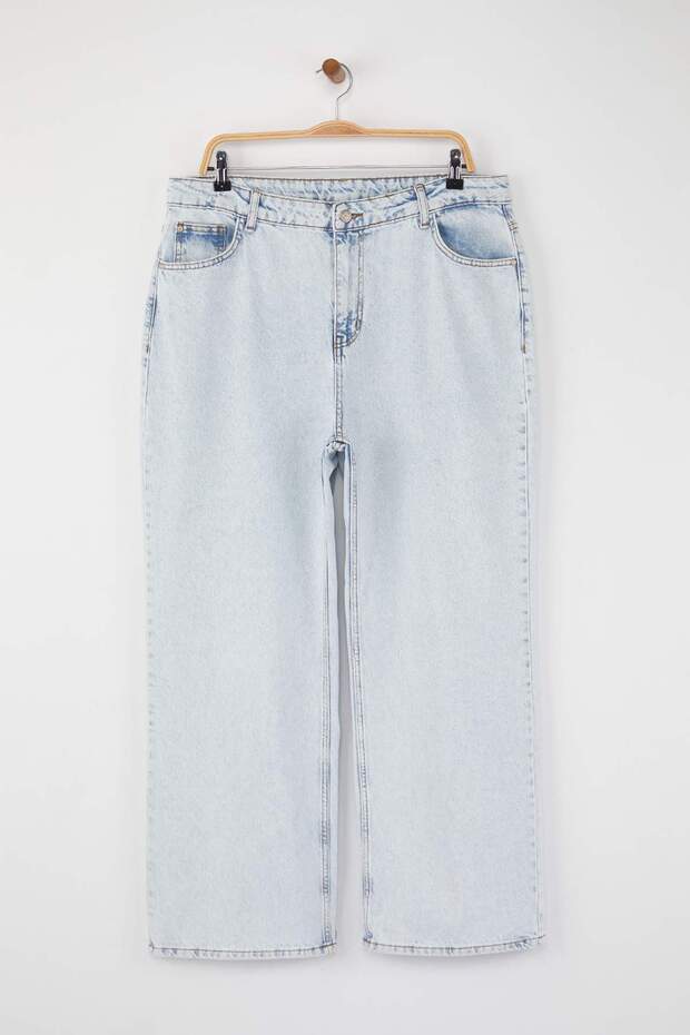 Buz Mavisi Yüksek Bel Geniş Paça Denim Büyük Beden Jeans TBBSS24CJ00028 - 5