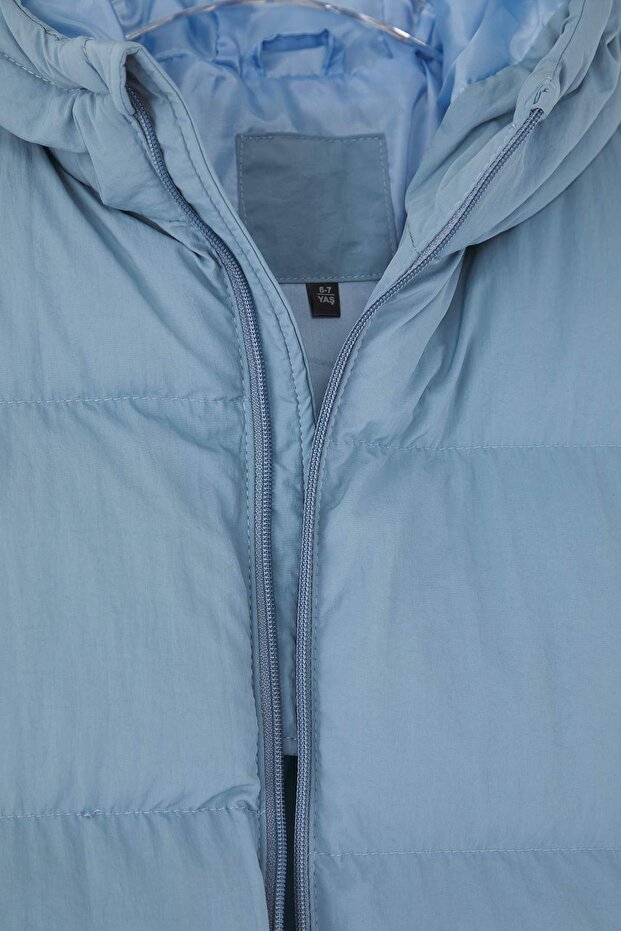 Mavi Düz/Basic Kalın Kapüşonlu Regular Unisex Çocuk Mont TKDAW26MO00014 - 5