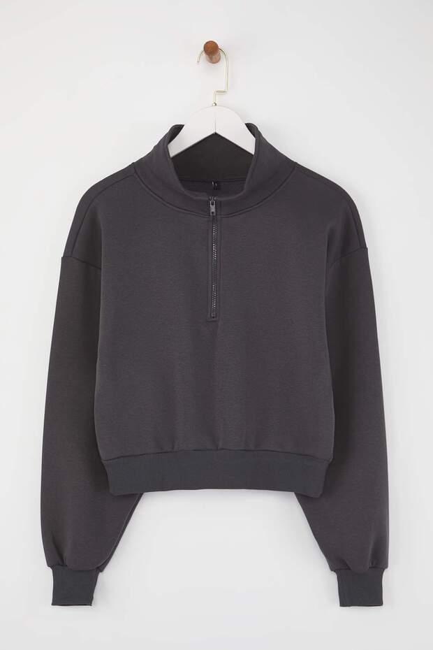 Antrasit Rahat Kesim Crop Fermuarlı Dik Yaka Kalın İçi Polarlı Örme Sweatshirt TWOAW24SW00221 - 5