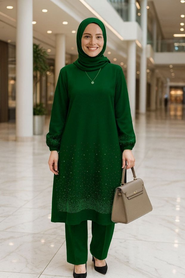 Merve Takim Emerald Stone Detailed Hijab Suit Crepe Fabric