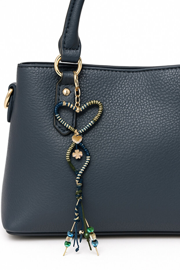 Heart Shaped Macrame Charm – Elegant Accessory with Navy Blue, Cream and Silver Plated Heart and Clover Detail