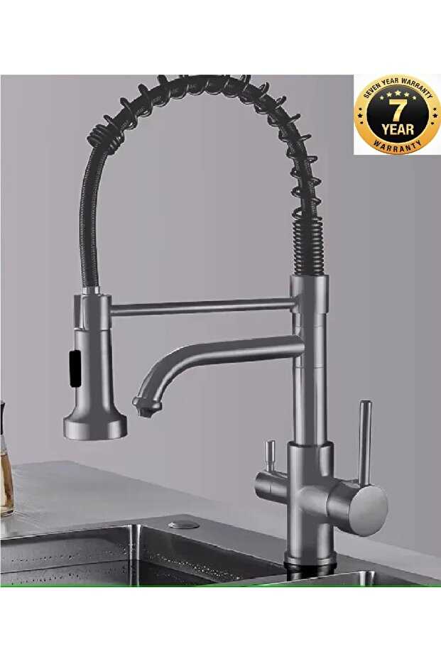 Kitchen Sink Faucet Dual Flow Water Purification Outlet Spiral and Fountain Anthracite 7 Years Warranty Imported