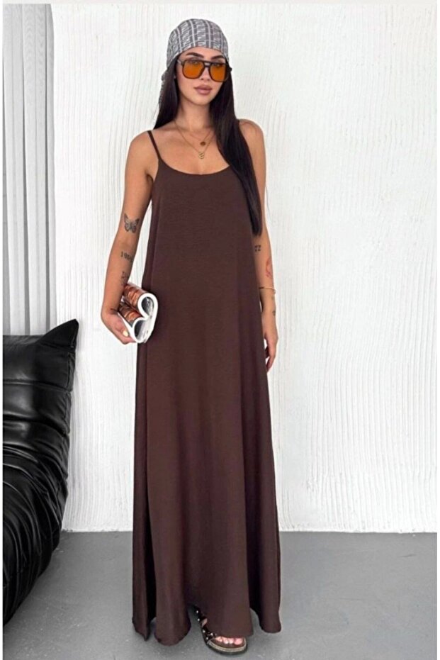 Kadın Askılı Ayrobin Uzun Elbise Cepli Oversize Model Sırtı Açık Göğüs Dekolteli - Yazlık - 2