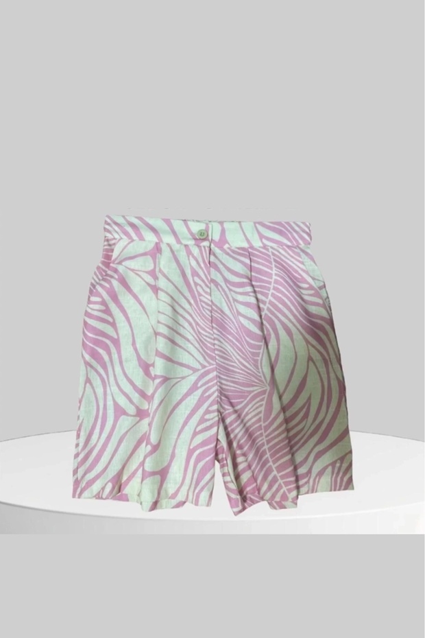 Kadın Yüksek Bel Önü Çift Pileli Cepli Zebra Desenli Keten Kumaş Şort - Pembe - 1