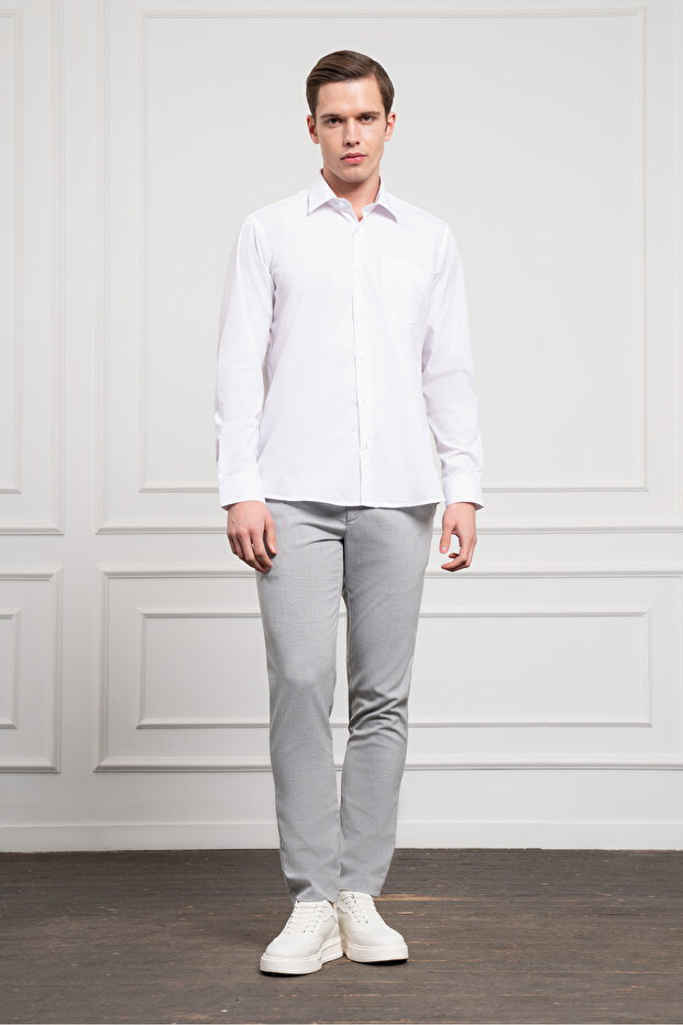 Erkek Beyaz Basic Regular Fit Sert Yaka Cepli Gömlek - 2