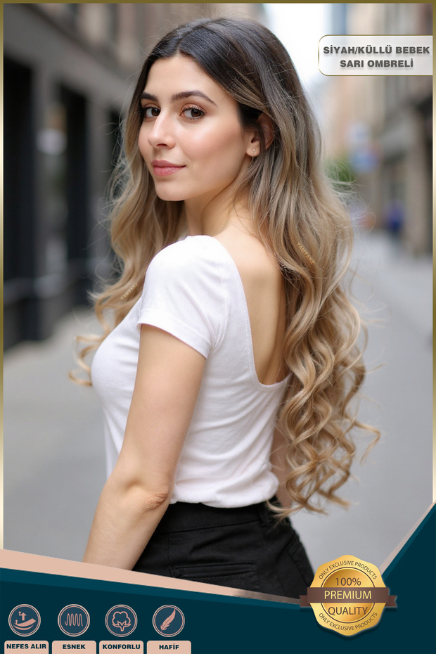 Yoğun Dalgalı Fiber Sentetik Uzun Perçemsiz Peruk - Siyah / Küllü Bebek Sarı Ombreli - 4