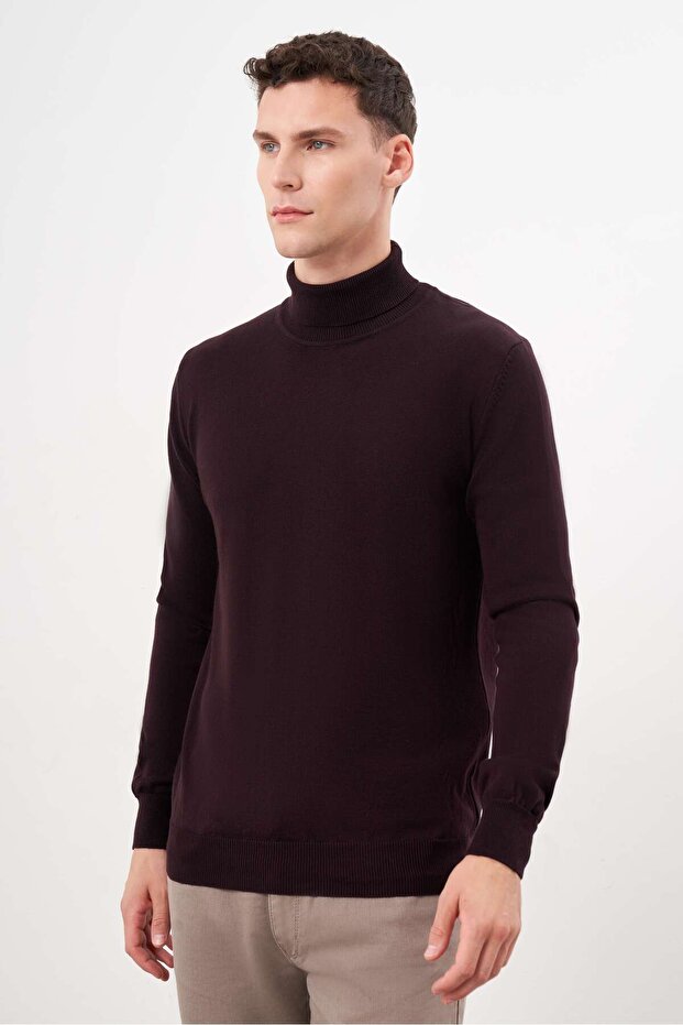 Erkek Mor Basic Balıkçı Yaka Dynamic Fit Rahat Kesim Triko - 2