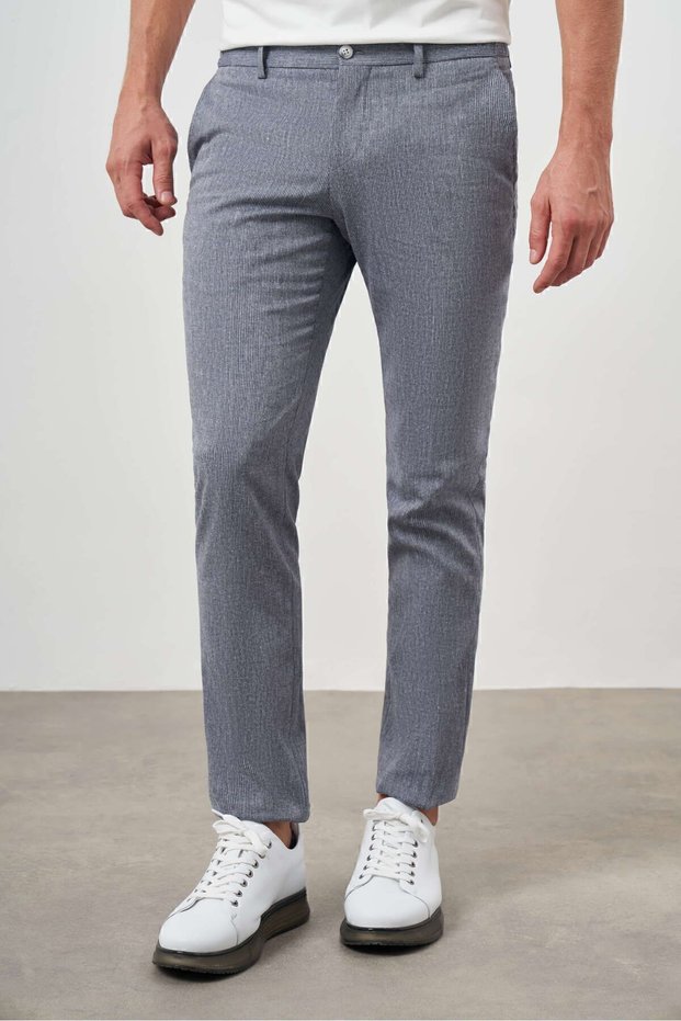Men's Navy Blue Sawa Patterned Polyviscon-Linen Slim Fit Trousers