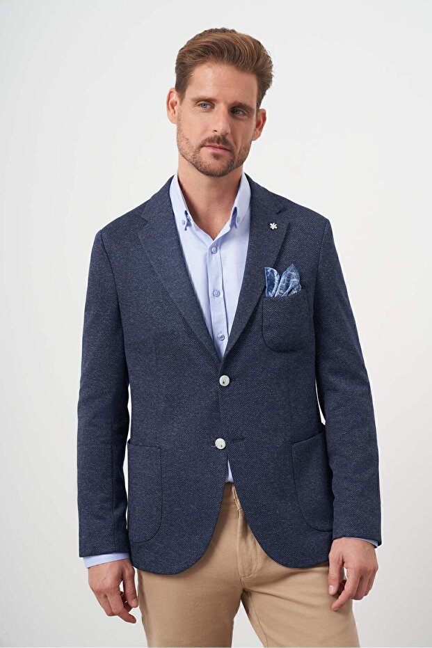 Men's Navy Blue Knitted Slim Fit Bag Pocket Mono Collar Sports Jacket