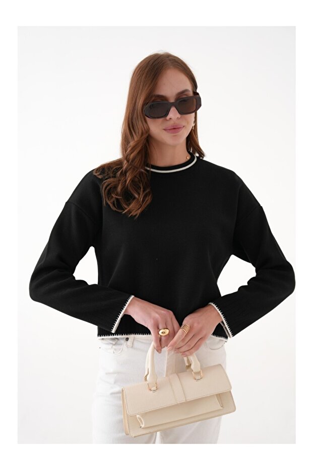 سترة نسائية أساسية ذات رقبة دائرية سوداء اللون ذات ملمس ناعم - 6