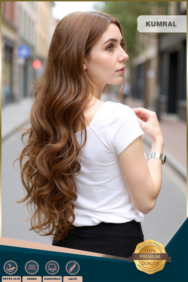 Yoğun Dalgalı Fiber Sentetik Uzun Perçemsiz Peruk - Kumral - 5