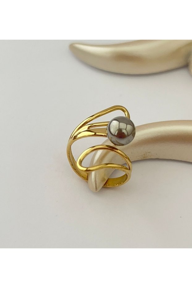Vip Asymmetrical Gold Color Silver Ball Detailed Trend Ring
