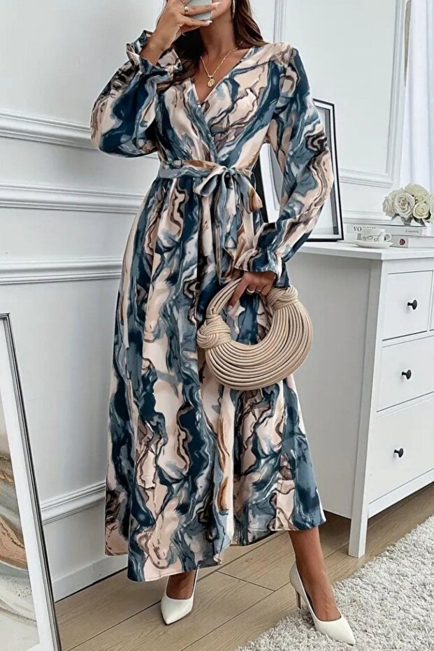 Double-Breasted Collar Belted Patterned Single Jersey Dress - Patterned - 1