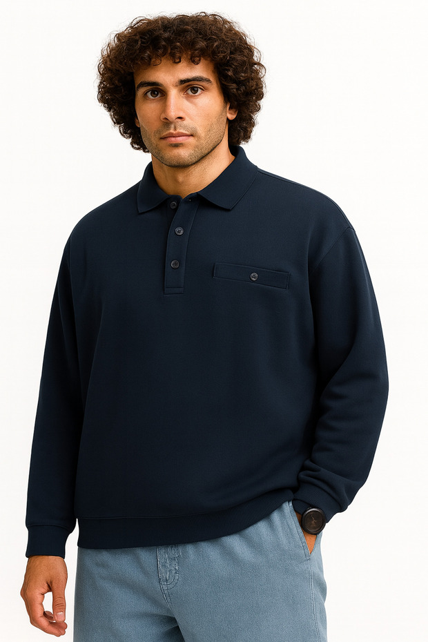 Men's Large Size, Suitable for 122 kg - 158 Kg, Wide Fit, Polo Collar, Thessaloniki Sweatshirt, Navy Blue