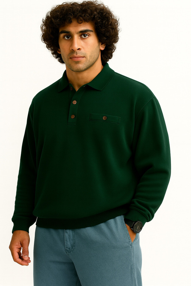 marufshop Erkek Büyük Beden 122 Kilo - 158 Kilo Arası İçin Uygun Geniş Kalıp Polo Yaka Selanik Sweat Yeşil