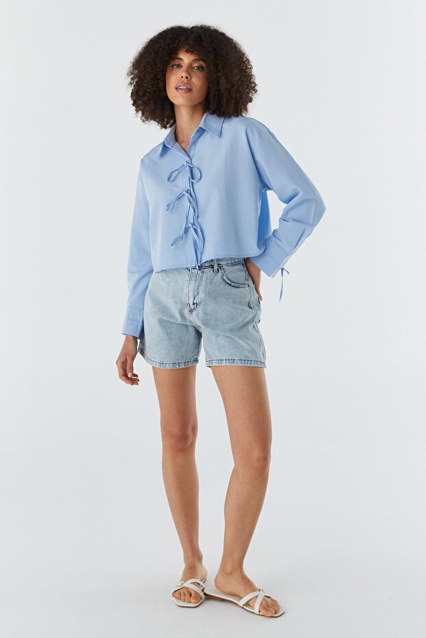 Bow Lace Crop Shirt Blue