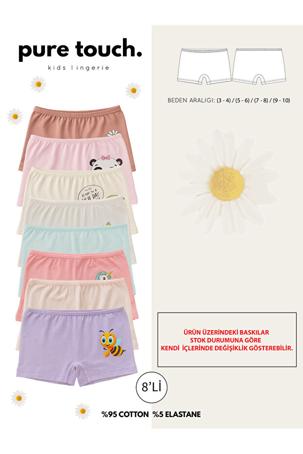 pure touch lingerie Kız Çocuk 8'li Renkli Baskılı Likralı Boxer