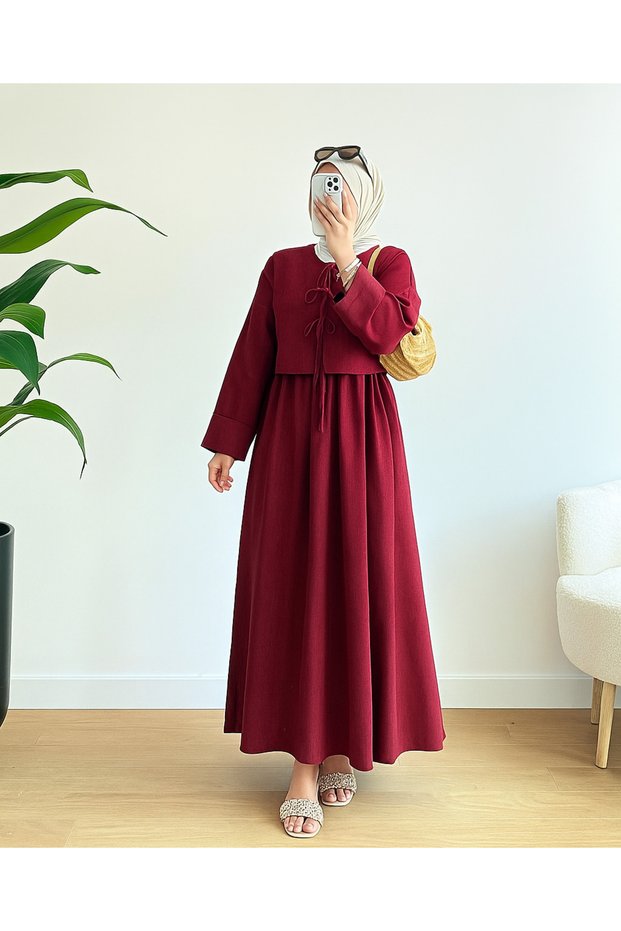 Women's Linen Blouse Skirt Set Crew Neck Tie-Detail Elastic Waist Casual Comfortable Modest Two-Piece Set