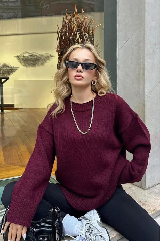 Burgundy Crew Neck Oversize Knitwear Sweater Sh173