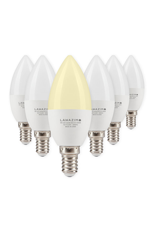 لمبة شمعة LED بقوة 5 وات C37 E14، عبوة من 6 قطع - أبيض دافئ 3000 كلفن - 400 لومن، ما يعادل 35 وات، غير قابلة للتعتيم