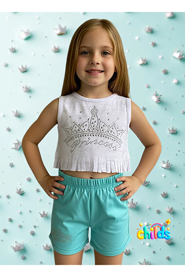 Double Crop Girl's Summer Suit Princess Stone Printed Shorts Suit Made of Devore Fabric