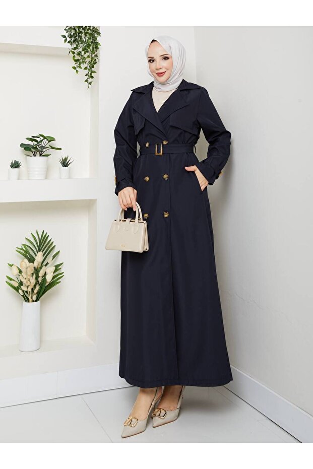 Double-Breasted Collared Belted Full-Length Modest Trench Coat RC1403056