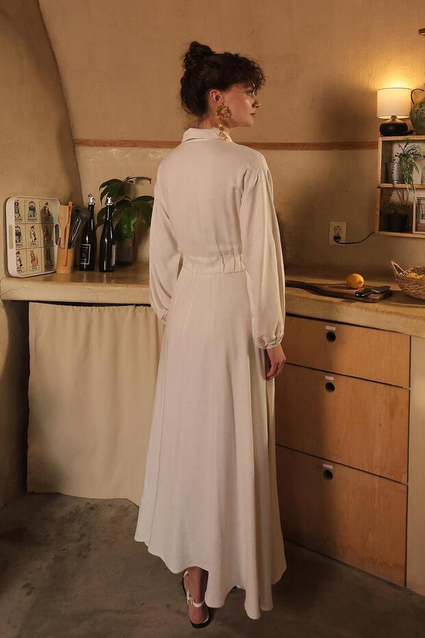 BÉŽOVÉ Lněné šaty - Sukně a elastický pas 9287-E - 8