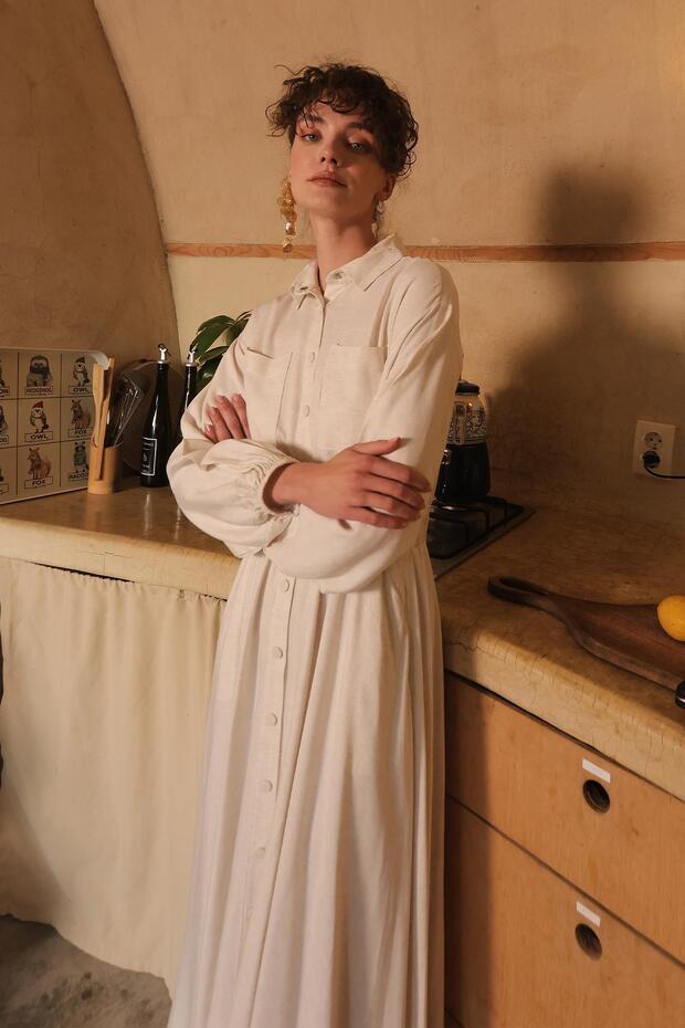 BÉŽOVÉ Lněné šaty - Sukně a elastický pas 9287-E - 5