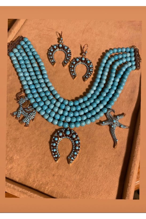 Turquoise Natural Stone Elephant, Nose, Starfish Good Luck Necklace and Nose Turquoise Earrings