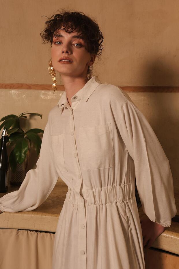 BÉŽOVÉ Lněné šaty - Sukně a elastický pas 9287-E - 3