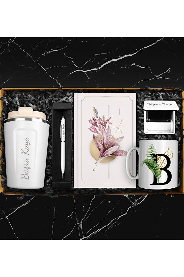 Apollon Gift Shop Kişiye Özel Beyaz Çelik Termos & Özel Tasarım Defter & Touch Pen Kalem & Kişiye Özel Cep Aynası & Ki