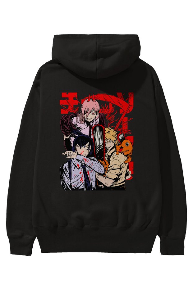 CHAINSAWMAN CREW Anime Back Printed Black Oversize Hooded Sweatshirt Men Women
