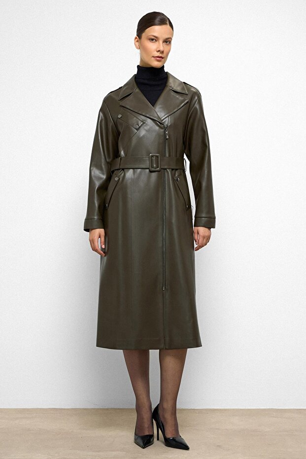 Übergroßer Leder-Trenchcoat mit niedrigem Ärmel und Reißverschluss KHAKI 6759 - 6