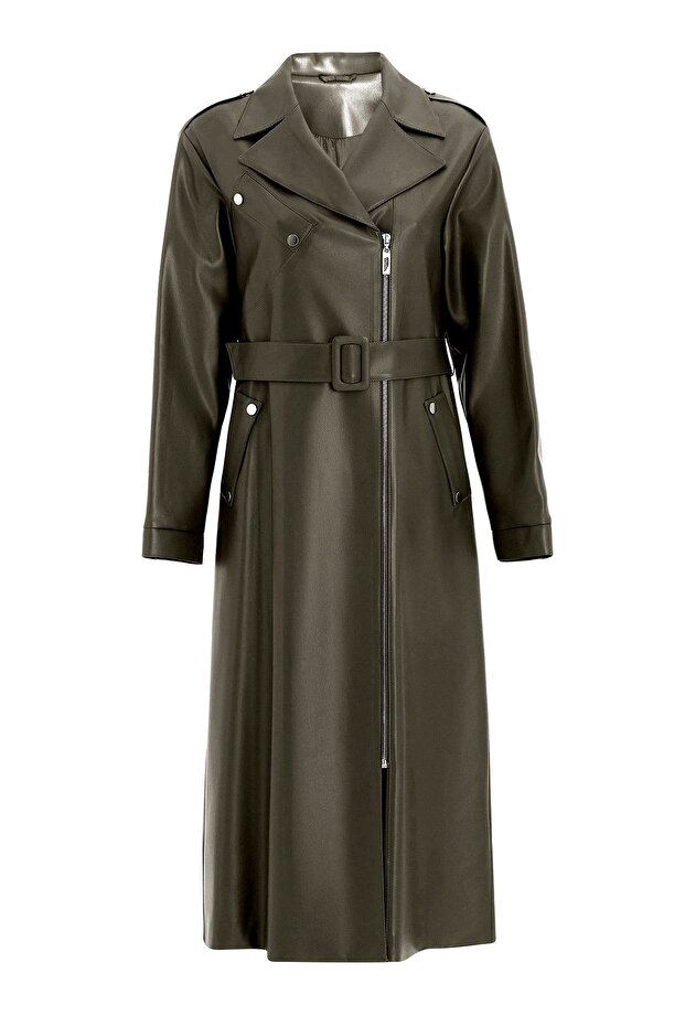 Übergroßer Leder-Trenchcoat mit niedrigem Ärmel und Reißverschluss KHAKI 6759 - 2
