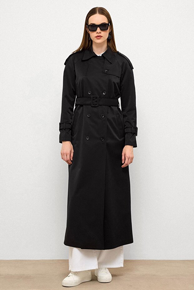 Water Repellent Long Trench Coat with Grosgrain Detail Black 6778