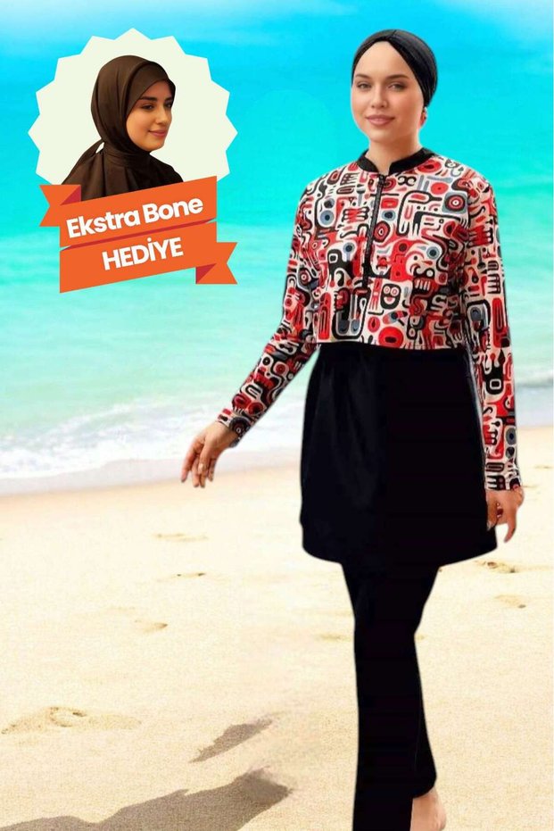 Hijab Swimsuit Digital Print Black 3-Piece Cap, Top, Bottom Suit Does Not Show Skin and Body Lines