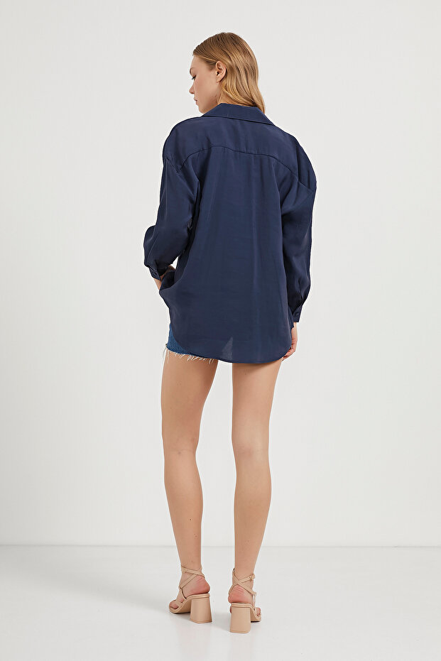Kadın Cepli Premium Oversize Basic Lacivert Gömlek - 5